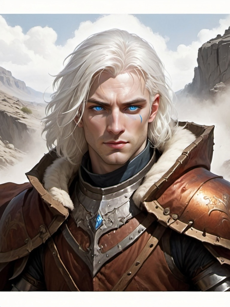 Prompt: Dhampir Paladin, shoulder length blown out white hair, blue eyes, pale skin, rugged, Ilmater