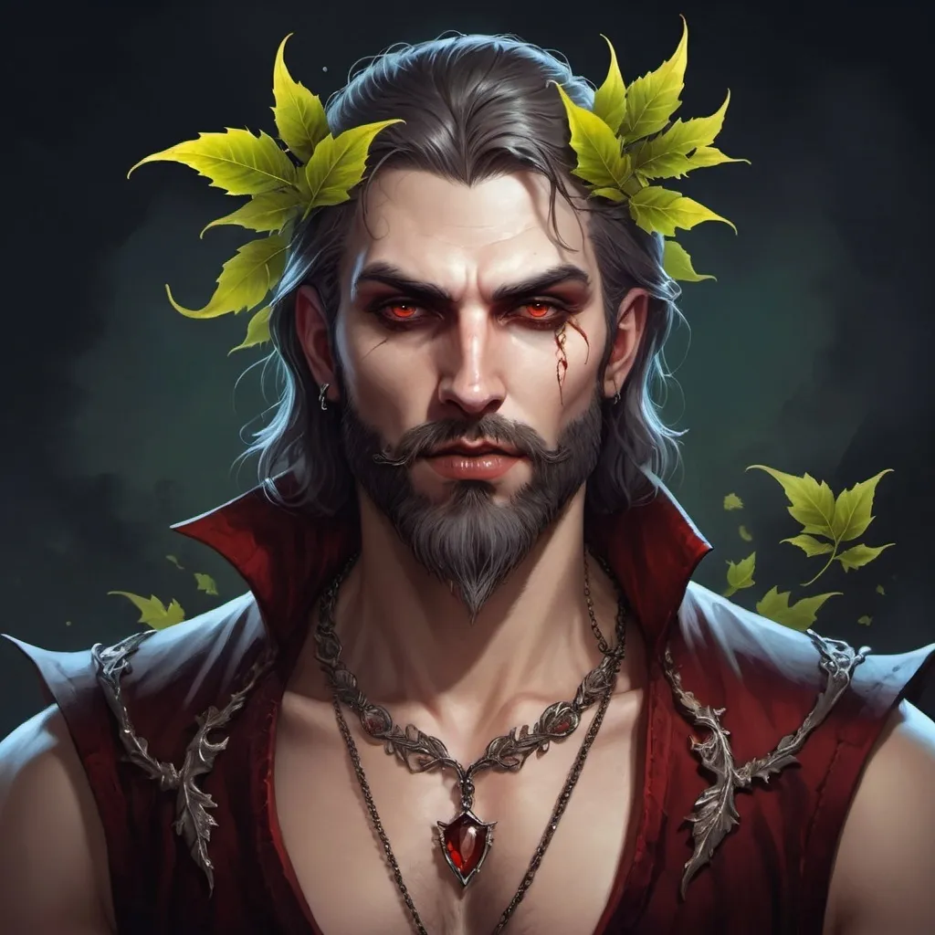 Prompt: a vampire with a beard and a necklace with leaves on it's head, fantasy art, epic fantasy character art, a character portrait