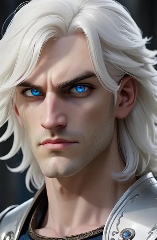 Prompt: Male Dhampir Paladin, shoulder length blown out white hair, dark blue eyes, pale skin, rugged