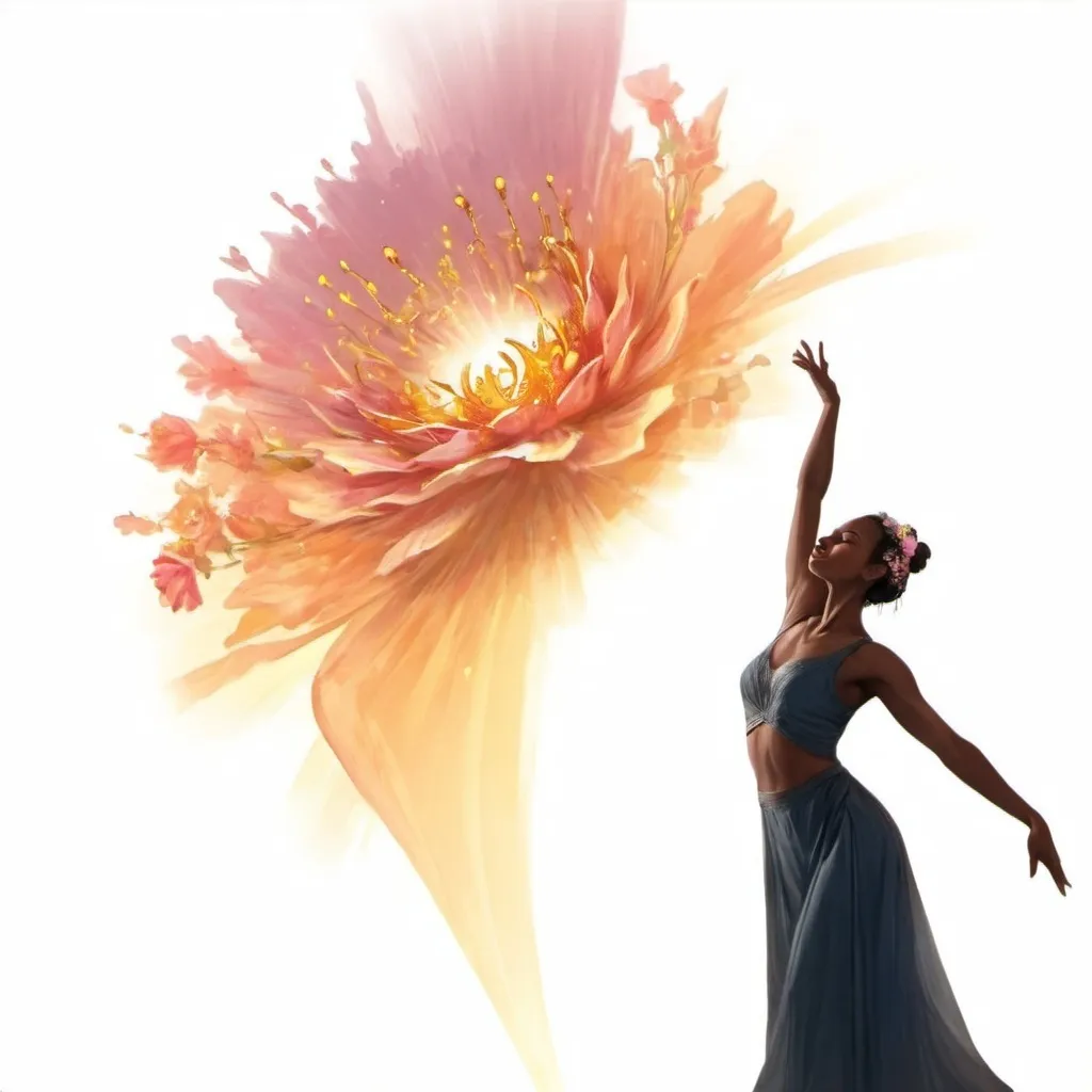 Prompt: A prophetic dancer, there in a church, in front of a shining throne in the distance, and she dancing, dancing with flowers, a majestic hapy well dressed.