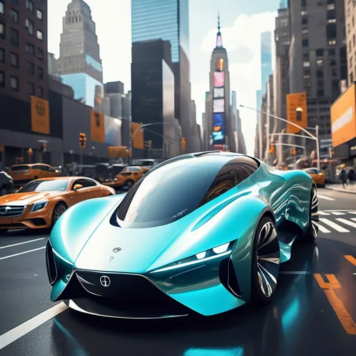 Prompt: generate a flying futuristic luxury car, with a shiny color, flying on a futuristic new york city