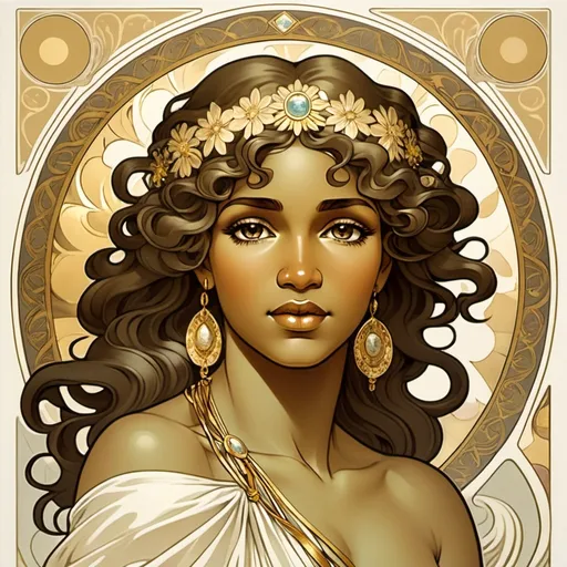 Prompt: Art of the Goddess Afrodite, where she has gold hair, wavy hair. Alphonse Mucha style, mythological