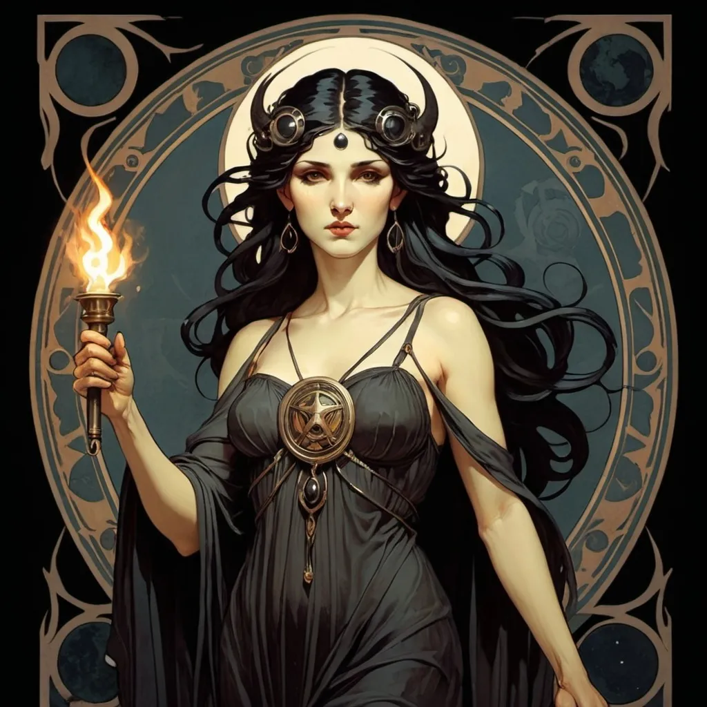 Prompt: Art of the Goddess Hecate, where she has black, straight hair. She has a torch in hand. Alphonse Mucha style, mythological