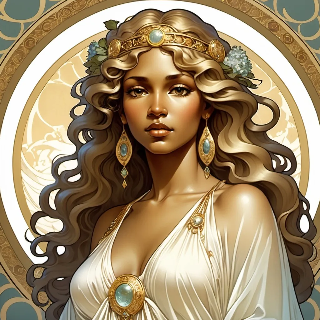 Prompt: Art of the Goddess Afrodite, where she has gold hair, wavy hair. She has a white silk robe covering her body. Alphonse Mucha style, mythological