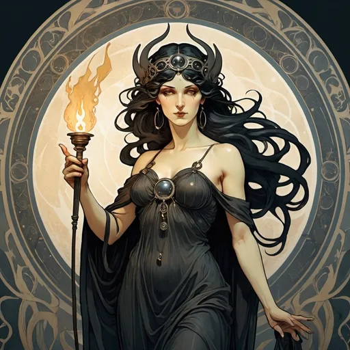 Prompt: Art of the Goddess Hecate, where she has black, straight hair. She has a torch in hand. Alphonse Mucha style, mythological