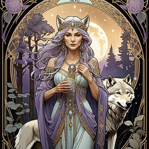 Prompt: Art of a old woman with a wolf's. Alphonse Mucha style, mythological, tarot card. 