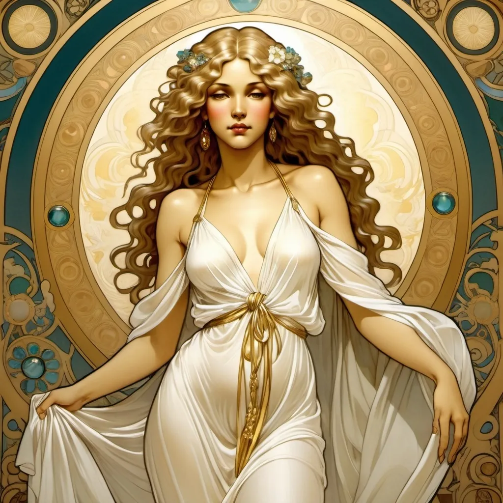 Prompt: Art of the Goddess Afrodite, where she has gold hair, wavy hair. She has a white silk robe covering her body. Alphonse Mucha style, mythological