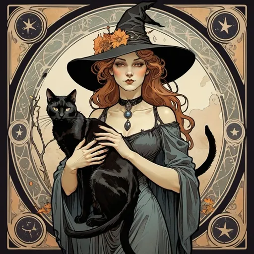 Prompt: Art of a woman witch with a black cat. Alphonse Mucha style, mythological, tarot card. 