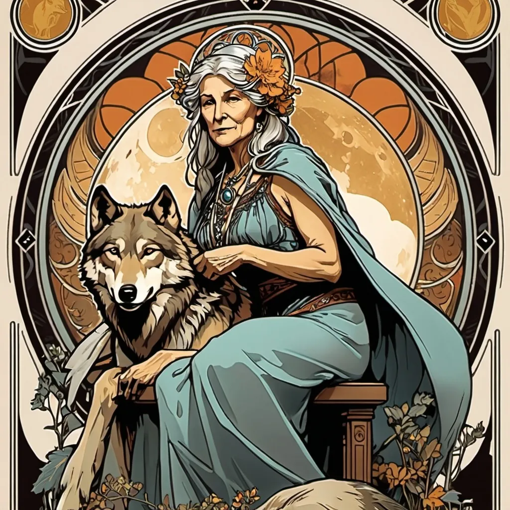 Prompt: Art of a old woman with a wolf's. Alphonse Mucha style, mythological, tarot card. 