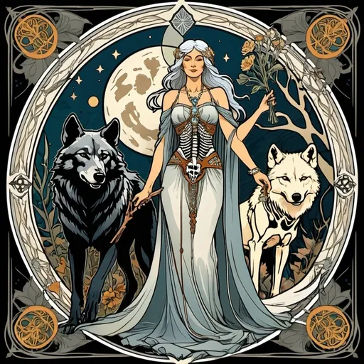 Prompt: Art of a old woman with a wolf's and skeleton wolf. Alphonse Mucha style, mythological, tarot card. 