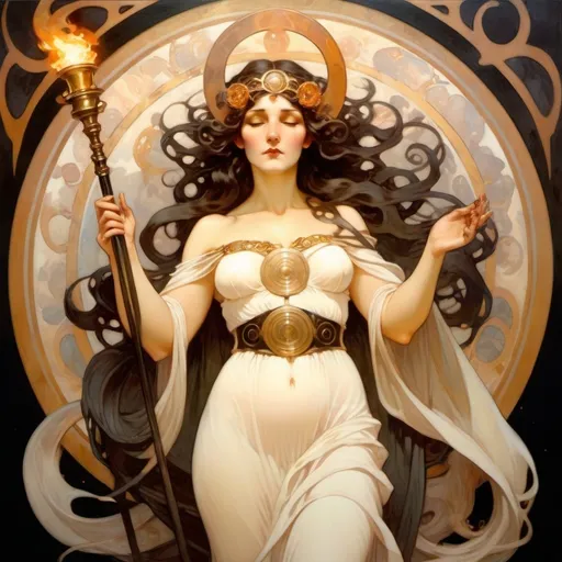 Prompt: Art of the Goddess Hecate, where she has black, wavy hair. She has a torch in her right hand and a white ball in her left hand. She has to be full body in a white dress with a belt and gold cape. Alphonse Mucha style, oil painting, mythological