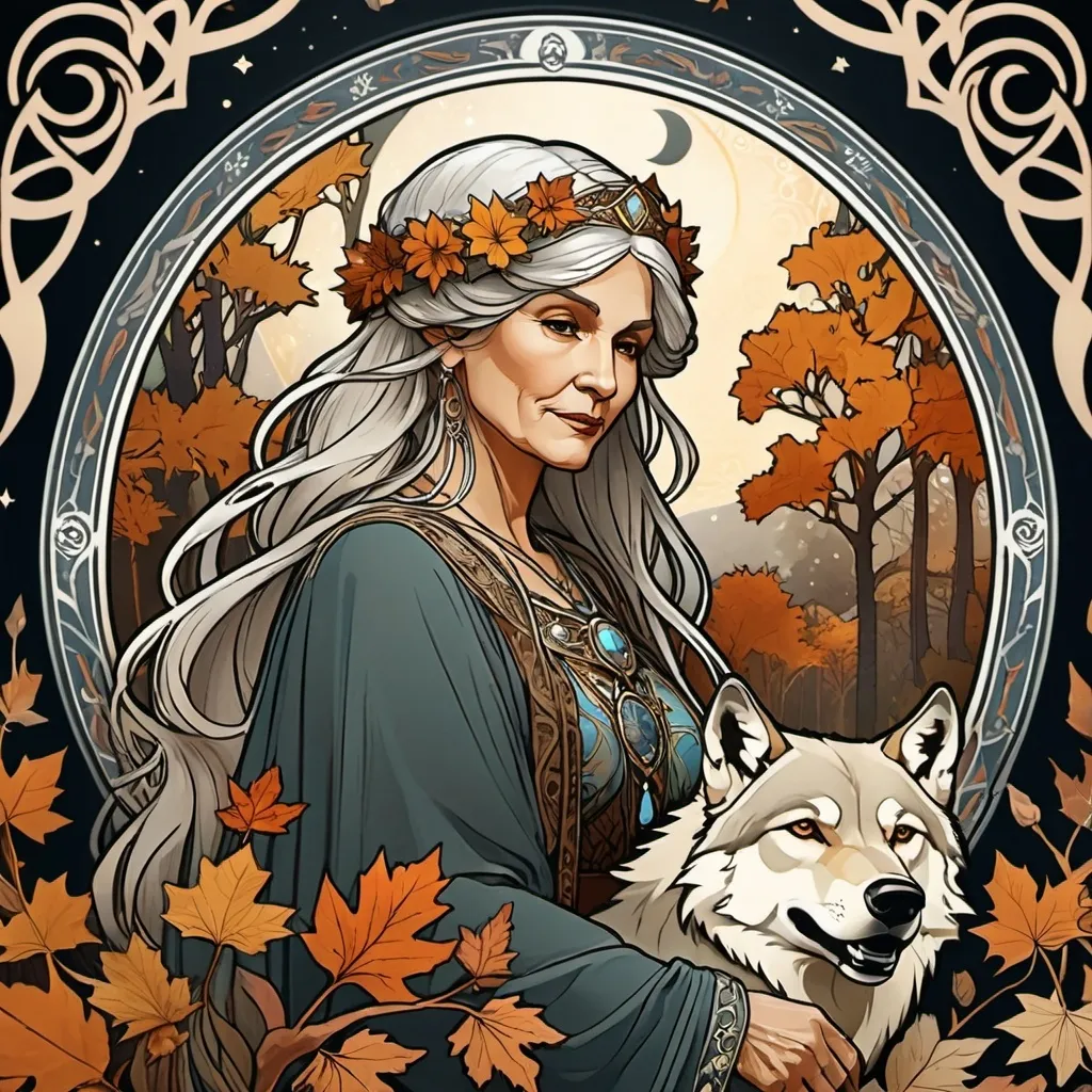 Prompt: Art of a old woman with a wolf's. Alphonse Mucha style, mythological, tarot card. 