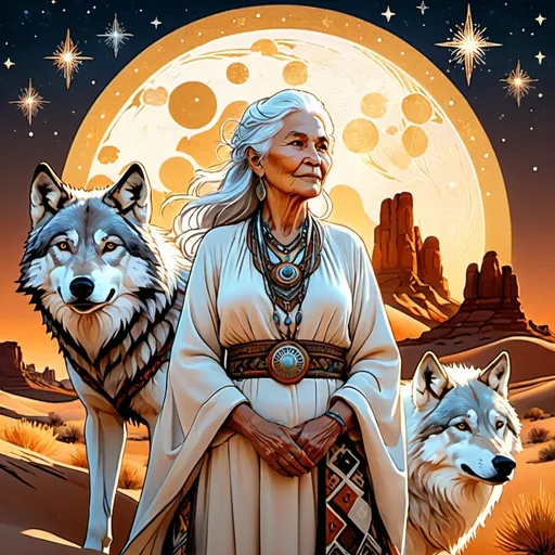 Prompt: Art of a native old woman with white hair. she has two wolves on her side.  She is standing. Desert Scenery. Bonfire. Alphonse Mucha style