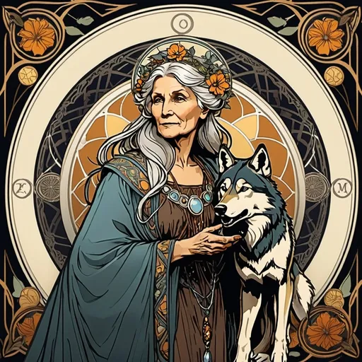 Prompt: Art of a old woman with a wolf's. Alphonse Mucha style, mythological, tarot card. 