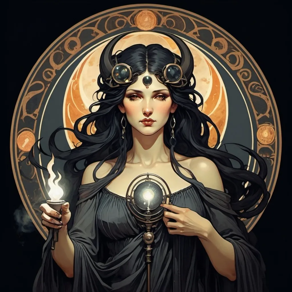 Prompt: Art of the Goddess Hecate, where she has black, straight hair. She has a torch in hand. Alphonse Mucha style, mythological