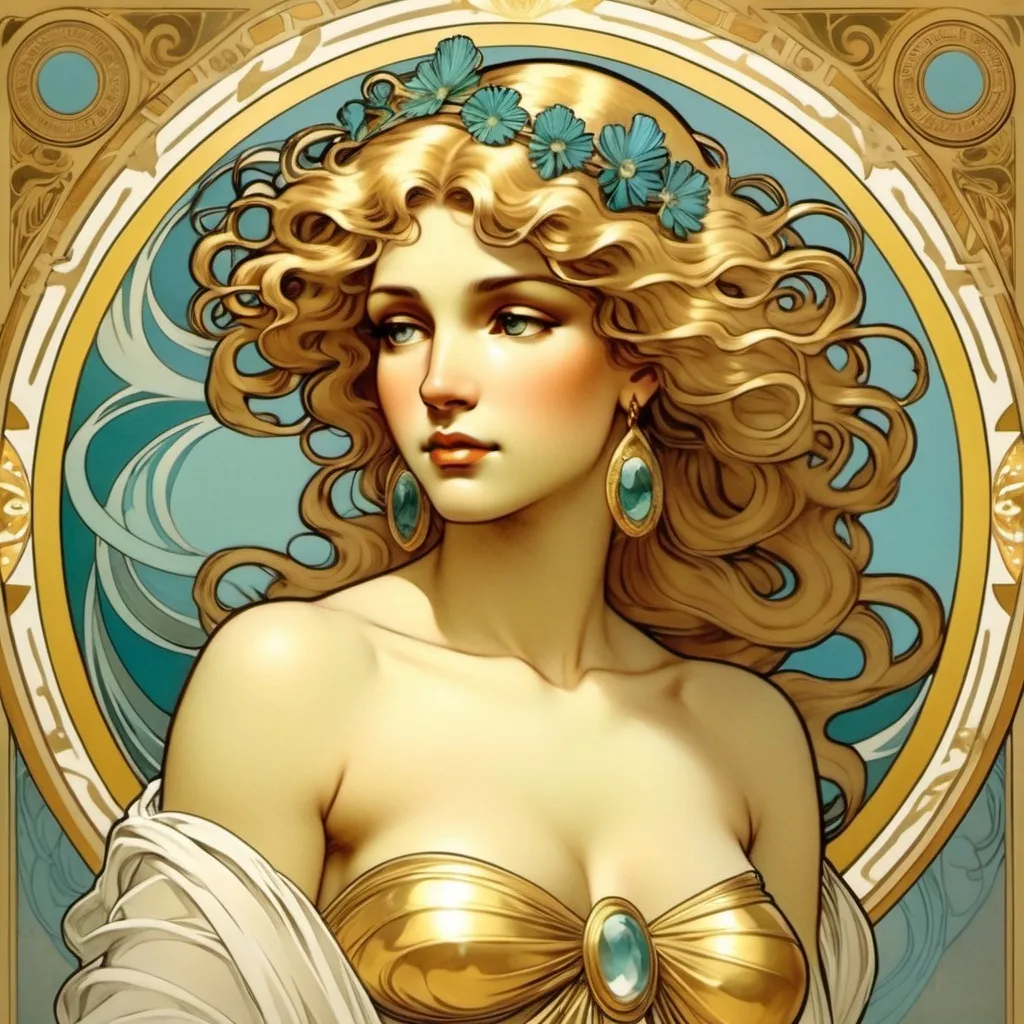 Prompt: Art of the Goddess Afrodite, where she has gold hair, wavy hair. Alphonse Mucha style, mythological