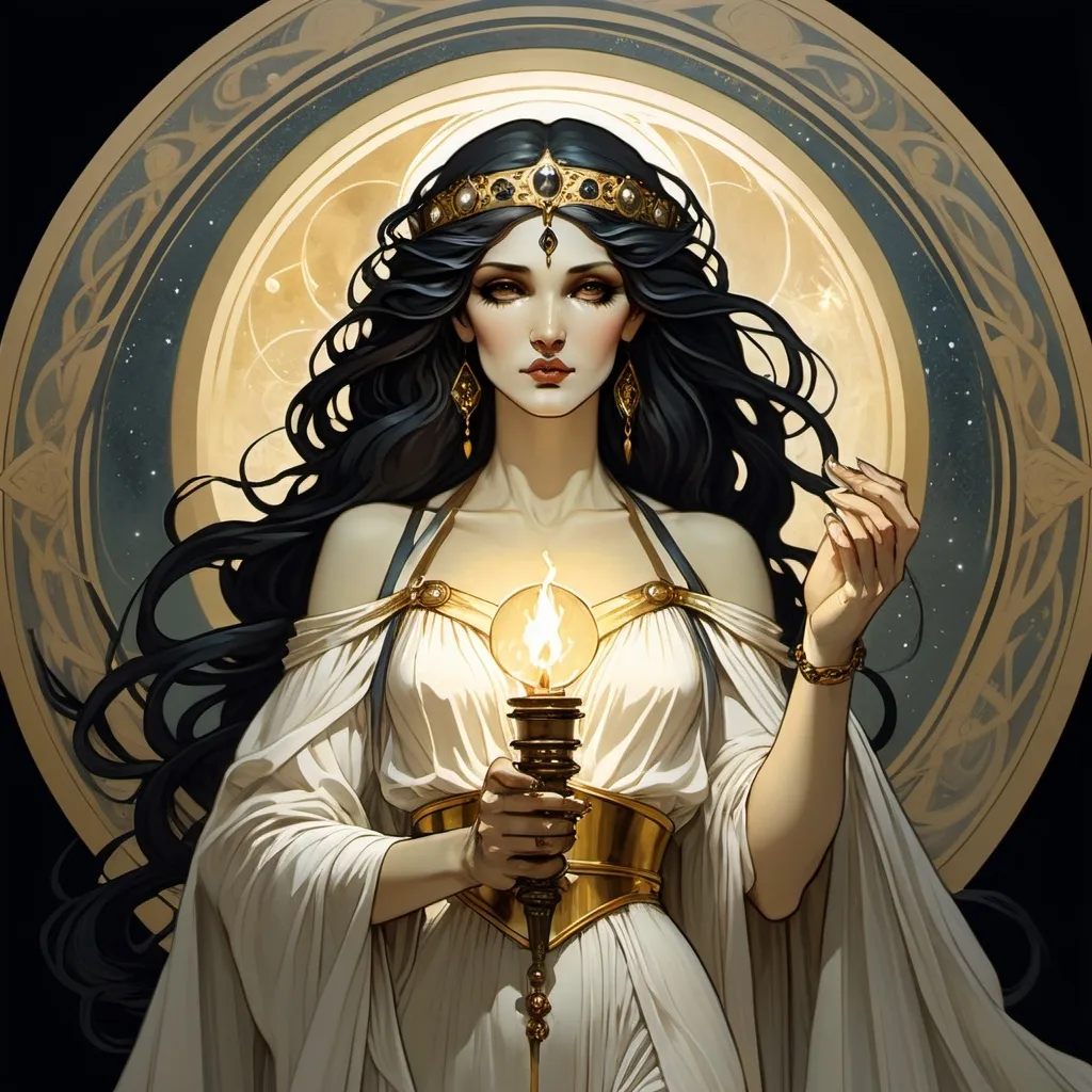 Prompt: Art of the Goddess Hecate, where she has black, straight hair. She has a torch in hand. She is wearing a white dress with a gold belt and cape. Alphonse Mucha style, mythological