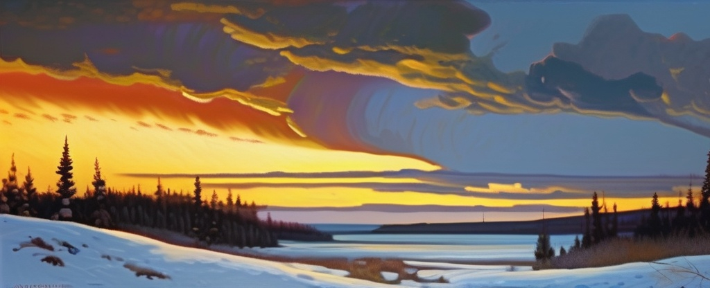 Prompt: oil paint, Visible strokes,rough edges,muted colors.Warm lighting neutral backdrop oil painting by Arkhip Kuindzhi, J. E. H. MacDonald Tom Thomson, golden hour, dramatic sky and clouds, landscape with snow, ancient, forest, mountain in the distance, srubs, Majestic, tonalism art, rock formation 