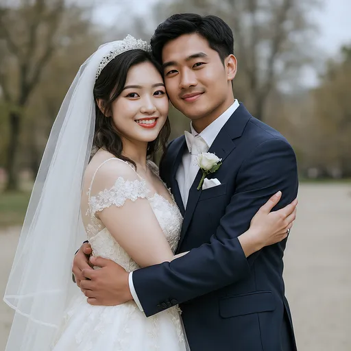 Prompt: I want these two people in the photo to hug each other in their wedding and groom's attire.