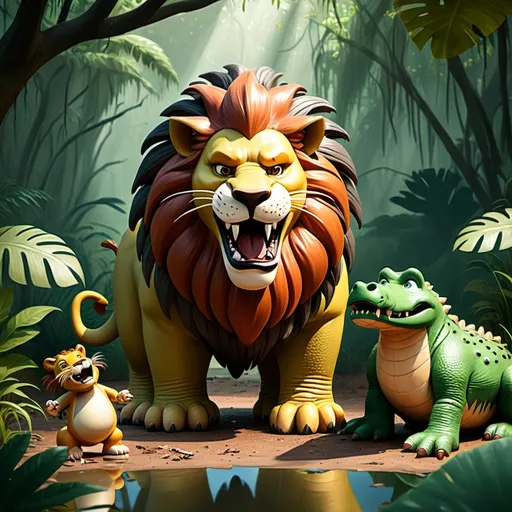 Prompt: You are making a friend of a lion in the jungle with a big belly And the crocodile is looking at itself