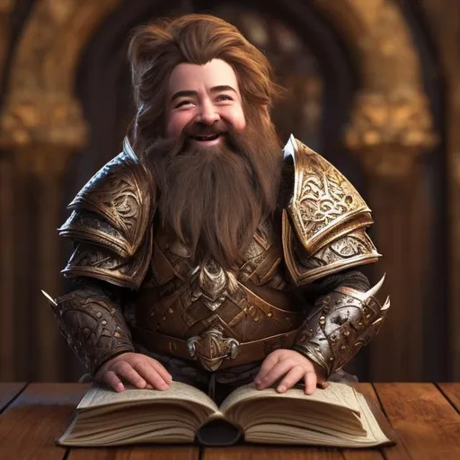 Prompt: Male dwarf cleric, sitting and reading a book, beautifully ornamented plate armor, brown hair, long beard, visible kind face, smiling, high fantasy