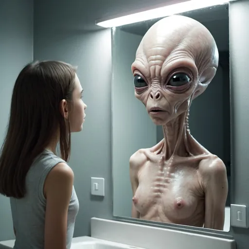 Prompt: Girl looks in the mirror and sees an alien as her reflection