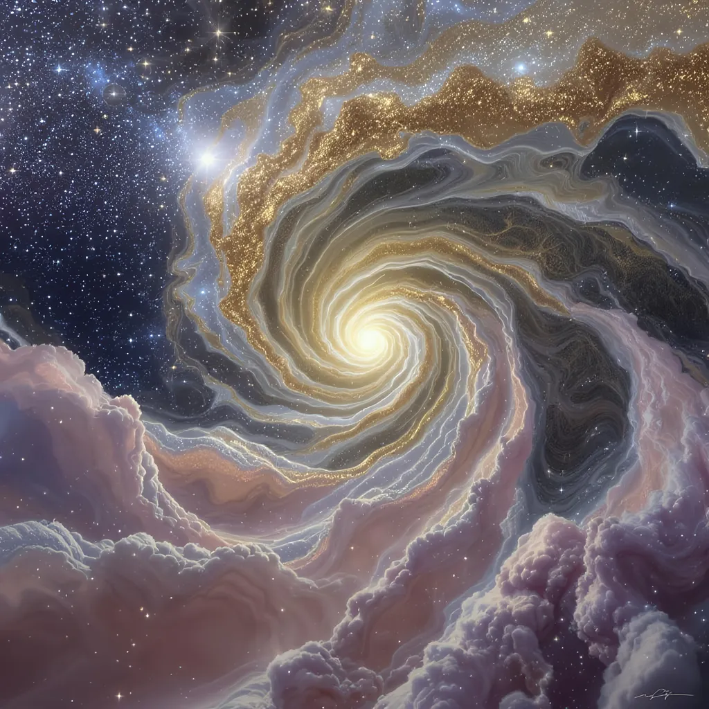 Prompt: Celestial Gold is a breathtaking ethereal cosmic digital art infused with gold and silver foil textures