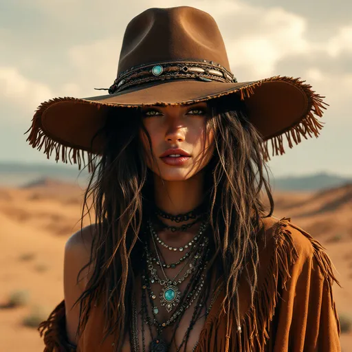 Prompt: A bohemian-inspired hat, featuring a fringed suede , with layered necklaces , drawn in indie art style, edgy and seductive. desert background. high quality, photo realistic, 4k resolution