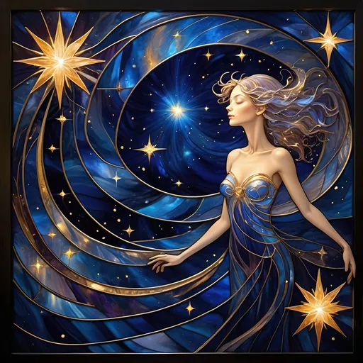 Prompt: Visualize a celestial expanse where the deep indigo of the universe contrasts with swirls of luminous gold and silver, creating an ethereal tapestry of cosmic wonder. Wisps of shimmering stardust drift lazily among gleaming star clusters, reflecting the light of a distant supernova. In this dreamlike scene, translucent constellations dance gracefully, their outlines infused with delicate gold and silver foil textures, casting a soft glow. Radiant beams of light stretch across the canvas, illuminating ghostly nebulae and swirling galaxies, while the backdrop of velvety darkness enhances the richness of the metallic hues. This breathtaking digital art emanates an otherworldly aura, invoking feelings of awe and serenity, reminiscent of a celestial fairy-tale. The style embraces hyper-realistic details with a glowing, ethereal quality.