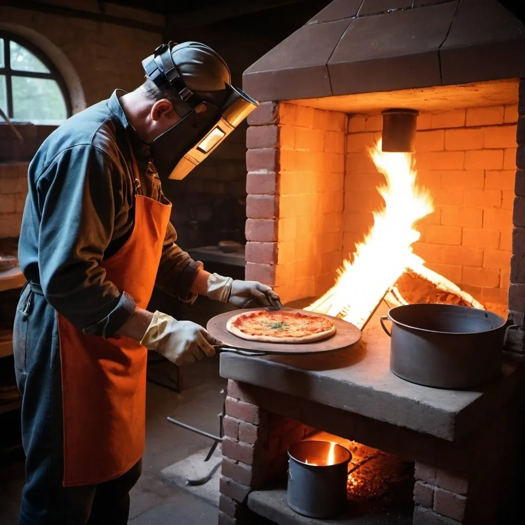 Prompt: In the center of the image, a man stands in front of a rustic, brick pizza oven. He is wearing a dark welding helmet with a tinted visor that covers his face. His upper body is protected by a heavy, fire-resistant safety smock, and he wears thick gloves that extend past his wrists. The man is in the process of smelting iron; one hand holds a long pair of tongs gripping a glowing crucible, while the other steadies a metal rod used to stir the molten metal.

The interior of the pizza oven glows intensely with the orange and red hues of extreme heat. Sparks fly out from the crucible, illuminating the man’s protective gear. The background features a workshop setting, with various tools and metalworking equipment visible, adding to the industrial atmosphere. The contrast between the traditional pizza oven and the modern smelting operation creates a striking and somewhat surreal scene.