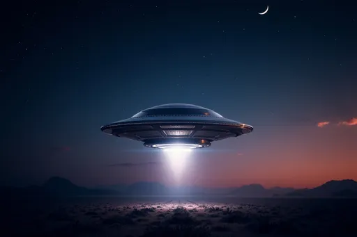 Prompt: Have the ufo fly right then left then back to the middle then down then fly strait up out of site in a flash of light