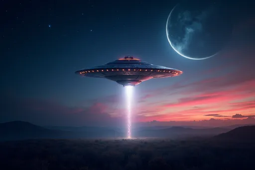 Prompt: Have the ufo fly right then left then back to the middle then down then fly strait up out of site in a flash of light