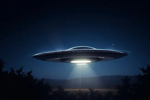 Prompt: Have the ufo fly right then left then back to the middle then down then fly strait up out of site in a flash of light