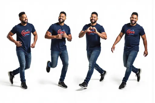 Prompt: photorealistic adult male cdb33852 with short black hair, trimmed beard, navy shirt with red and blue graphic text Multiple instances of the same character in different poses on a white background. The character is shown: Dancing: mid-dance move, arms and legs in rhythmic motion, joyful expression. Making a heart shape: hands forming a heart shape in front of the chest, warm smile. Kicking: one leg extended in a kicking motion, arms for balance, determined look. Walking: mid-stride, one foot in front of the other, natural arm swing, casual pose. Background: Clean white background, providing a pristine backdrop. Ample space between poses. Character design consistent across all poses. Arrange poses in a visually pleasing composition across the image.