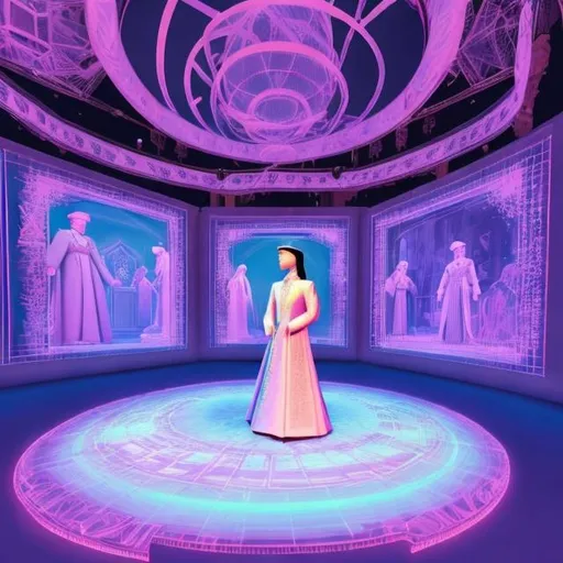 Prompt: Make a stand or a stage, or a room in a gallery where guests can try on Kazakh dresses from the era of the Kazakh khanate, modified for the current fashion with the help of holograms
make it vr, so it will look like 3d holograms