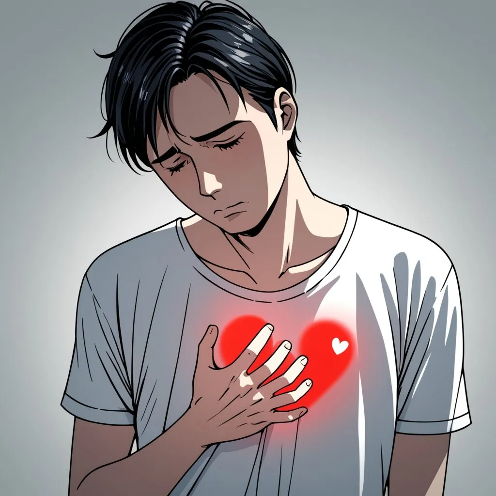 Prompt: A man with heart problem , it's mood is so sad , it's heart is showing in his chest transperant.