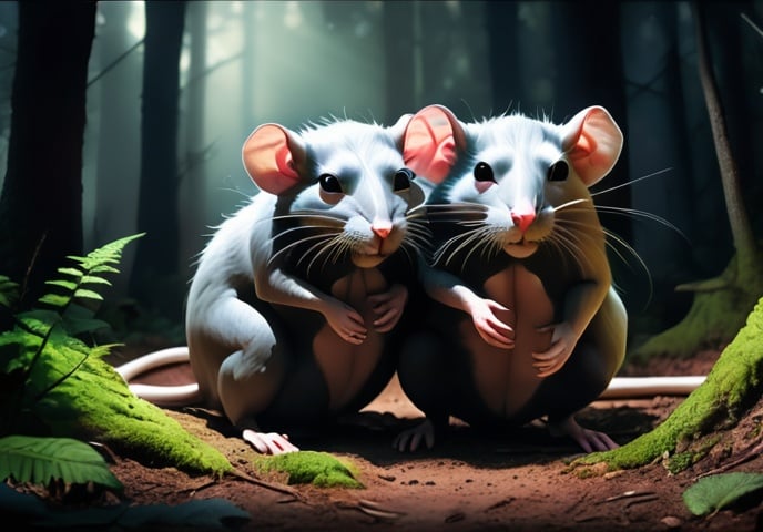 Prompt: A massive three-headed rat in a dark forest