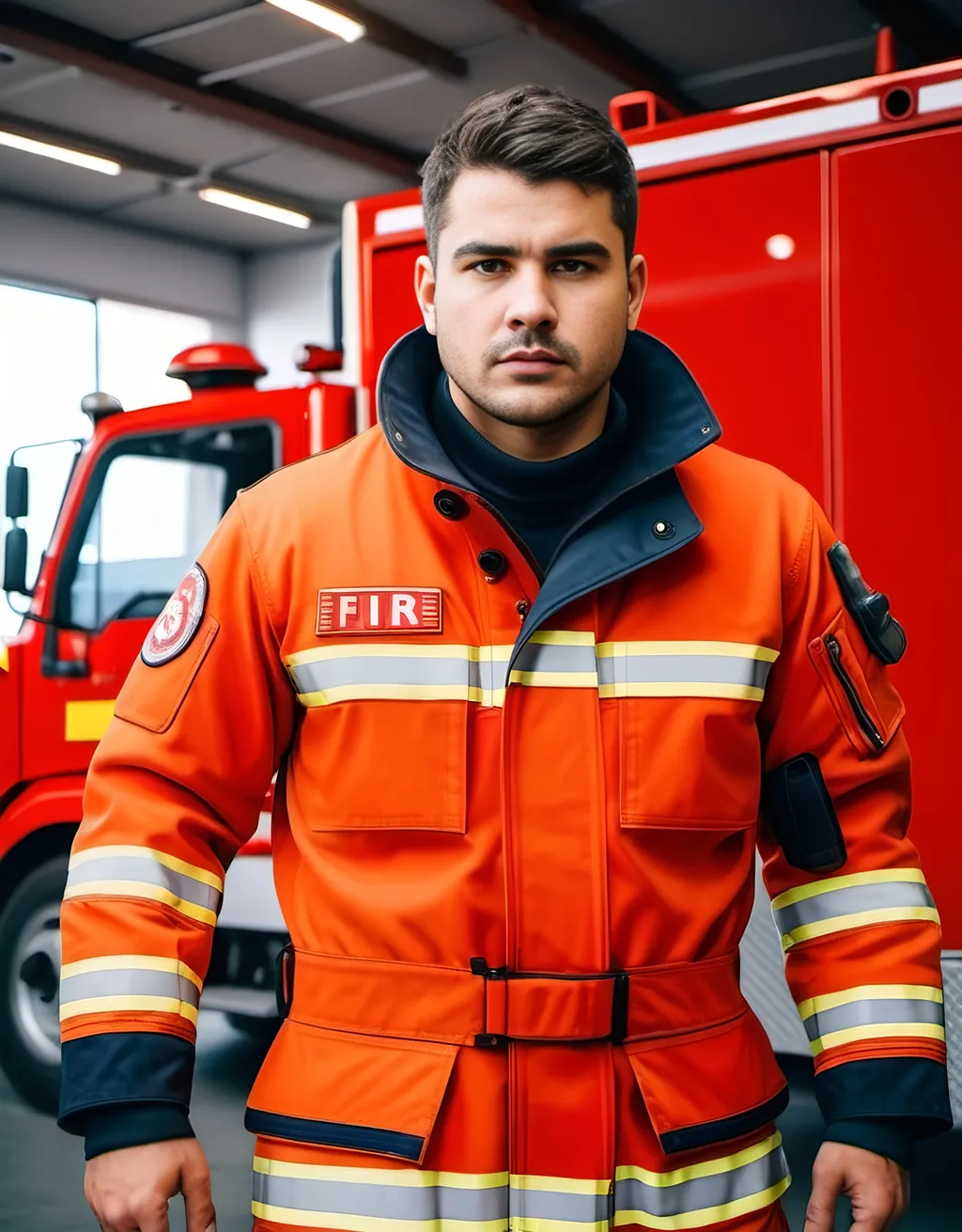 Prompt: 64k, highly detailed, hyper exquisite, handsome chubby alpha man wear fire fighting suit,25 years old, in fire station 