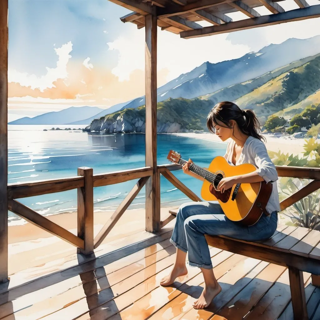 Prompt: Woman playing guitar on wooden porch, serene beach with clear blue waters, distant mountains, Yoji Shinkawa, Jackson Pollock, Wojtek Fus, Makoto Shinkai, watercolor, natural lighting, high quality, 8k, intricately detailed,