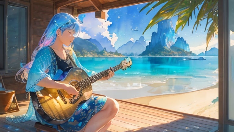 Prompt: A person playing a guitar on a wooden porch, serene beach with clear blue waters and distant mountains in background, watercolor, volumetric lighting, maximalist, concept art, intricately detailed, elegant, expansive, 32k, fantastical, golden ratio principles, glass sculpture, honeycomb patterns, iridescent watercolors ink, polished finish, gradient chrome colors.