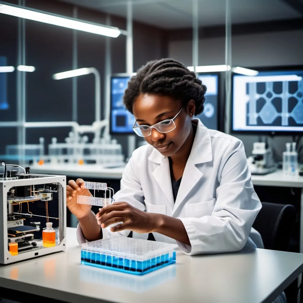 Prompt: A  team of researchers working in (((microfluidic research and development lab in Africa))), with 3D printers facilitating cutting-edge technology development. The small space is bathed in a soft glow. The lab is a hub of creativity and innovation, designed for maximum flexibility and efficiency. The team of scientists and engineers working in the lab collaborate seamlessly across borders, harnessing the latest technology to push the boundaries of R&D efforts.