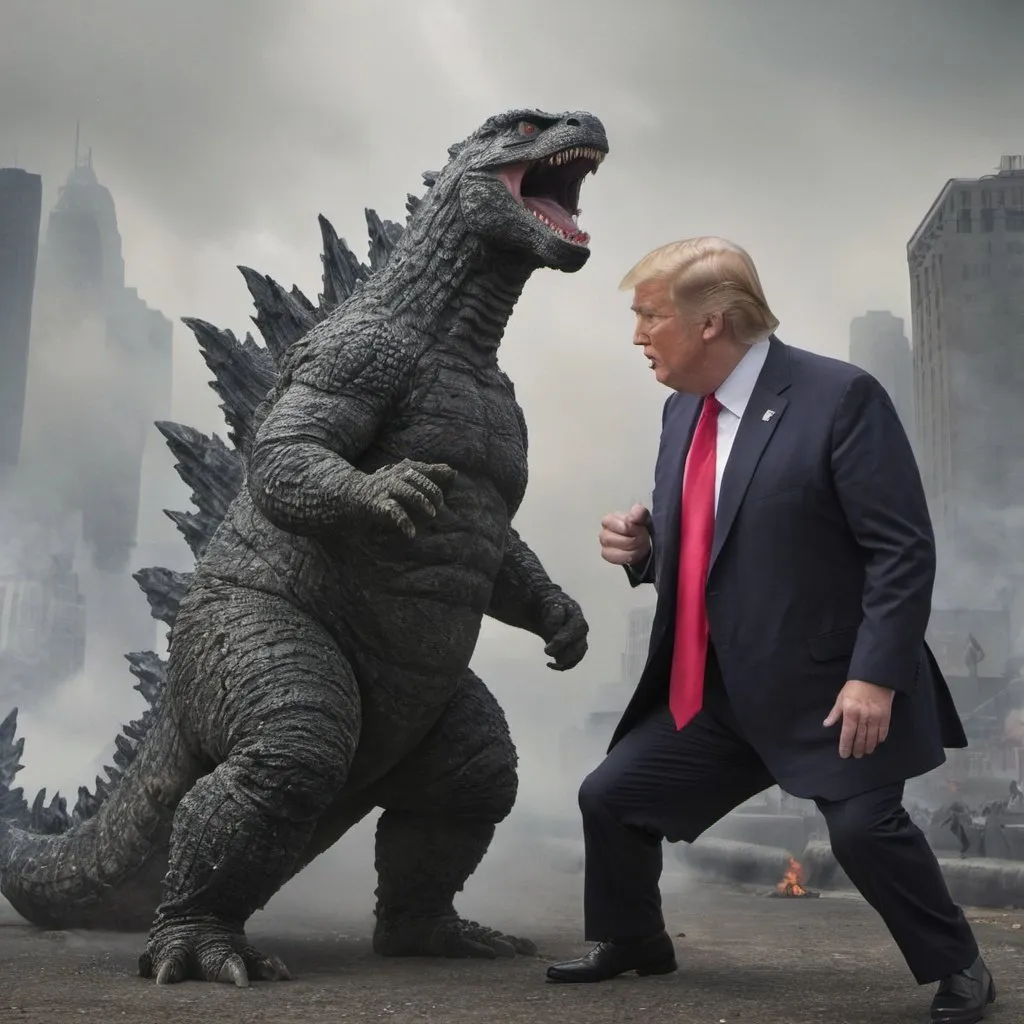 Prompt: Godzilla versus Donald Trump