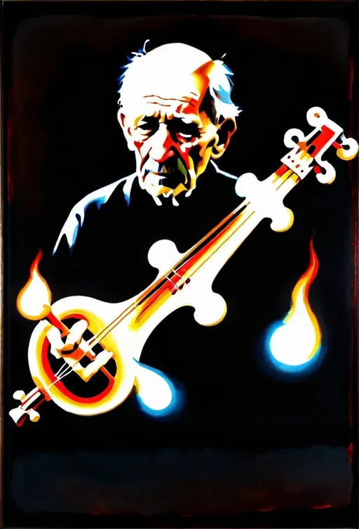 Prompt: Old man playing a burning string instrument that resembles a cross, fiery and intense, surreal setting, realistic oil painting, high detail, dark and warm tones, dramatic lighting, religious symbolism, aged musician, intense and passionate, skilled hands, mystical atmosphere, professional quality, oil painting, fiery cross, intense lighting, aged musician, surreal, dramatic, warm tones , Roma theater