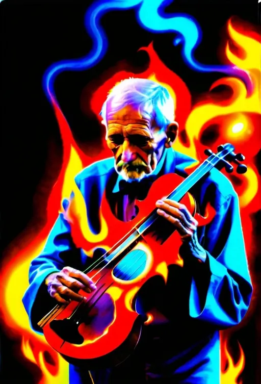 Prompt: Old man playing a burning cross-shaped string instrument, surreal art, fiery and vibrant colors, skilled musician, detailed wrinkles, high quality, surrealism, abstract, intense colors, detailed flames, dramatic lighting