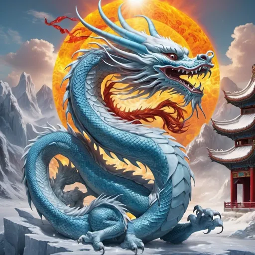 Prompt: Ice Chinese dragon swallow the sun