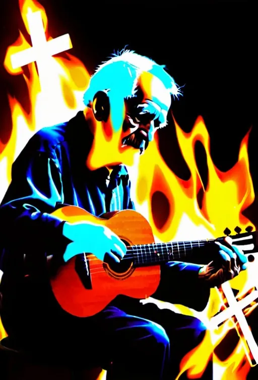 Prompt: old man play for else on burning strings that looks like a cross 