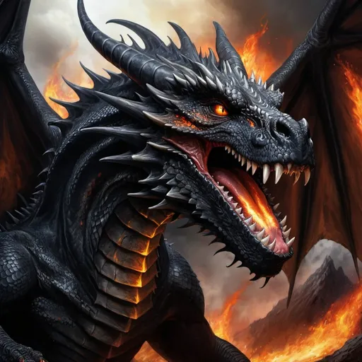 Prompt: Black dragon swallowing the earth, detailed scales and menacing expression, epic fantasy painting, high quality, hyper-realistic, fantasy, dark tones, intense lighting, earth engulfed, mythical creature, massive wings, volcanic flames, epic scale