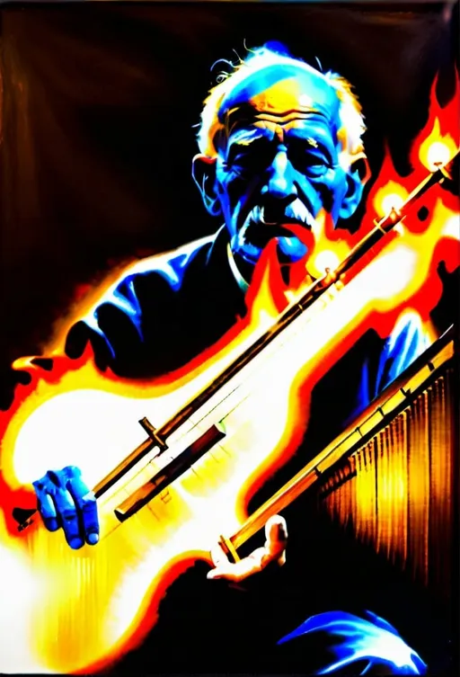 Prompt: Old man playing a burning string instrument that resembles a cross, fiery and intense, surreal setting, realistic oil painting, high detail, dark and warm tones, dramatic lighting, religious symbolism, aged musician, intense and passionate, skilled hands, mystical atmosphere, professional quality, oil painting, fiery cross, intense lighting, aged musician, surreal, dramatic, warm tones