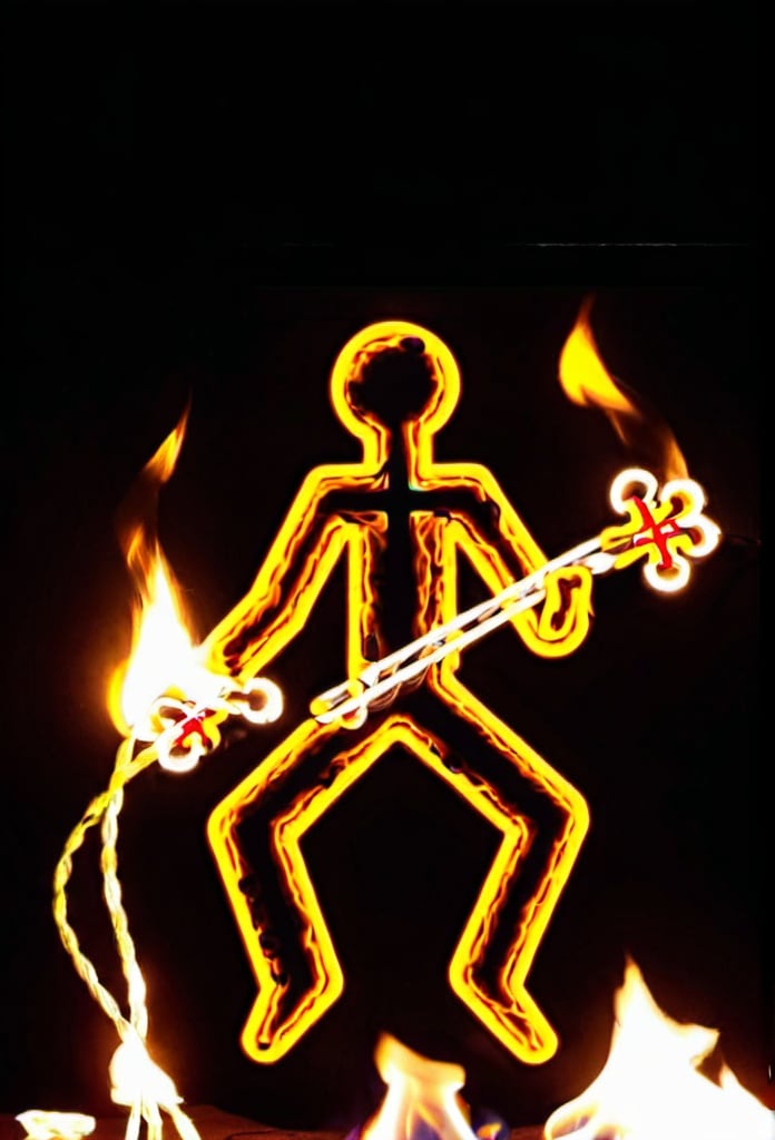 Prompt: old man play for else on fire strings that looks like a cross 