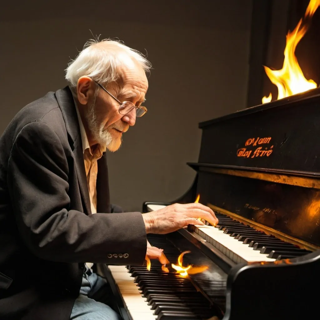 Prompt: Old man play on fire piano 